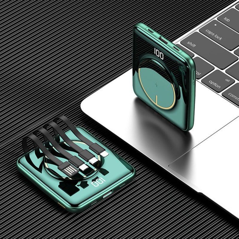 Avelena | 5-in-1 tragbare Mini 20000mAh Powerbank, mit kabelgebundenem/kabellosem Laden, 4 integrierten Kabeln und super schlankem Design, für Telefon, Tablet und mehr