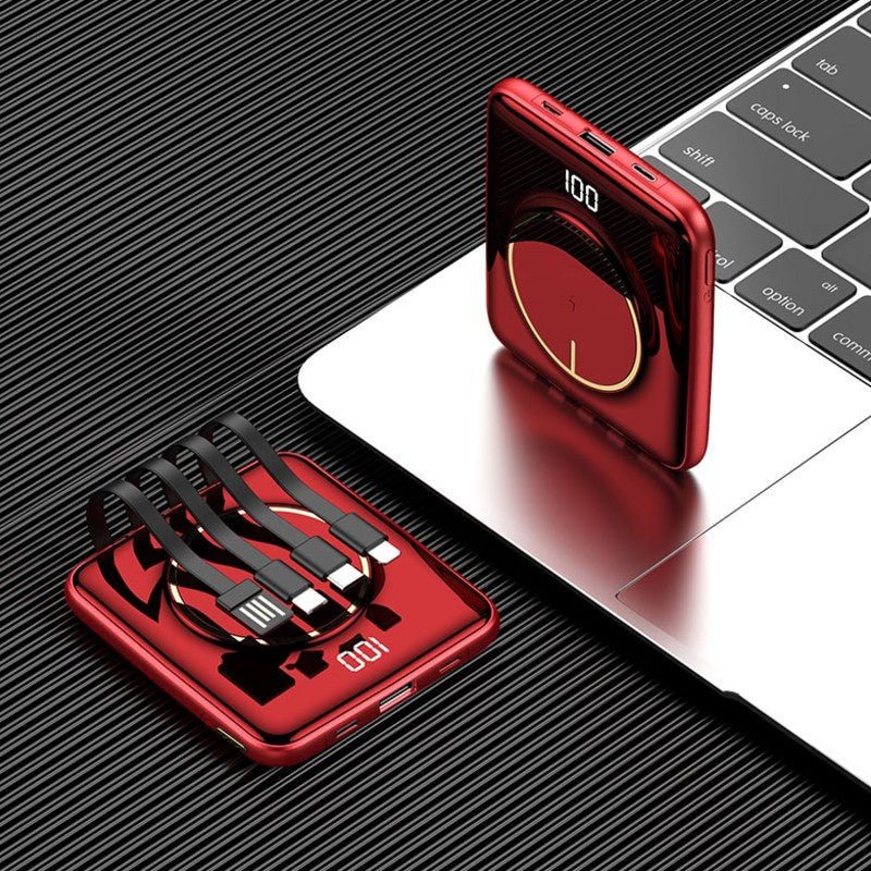 Avelena | 5-in-1 tragbare Mini 20000mAh Powerbank, mit kabelgebundenem/kabellosem Laden, 4 integrierten Kabeln und super schlankem Design, für Telefon, Tablet und mehr