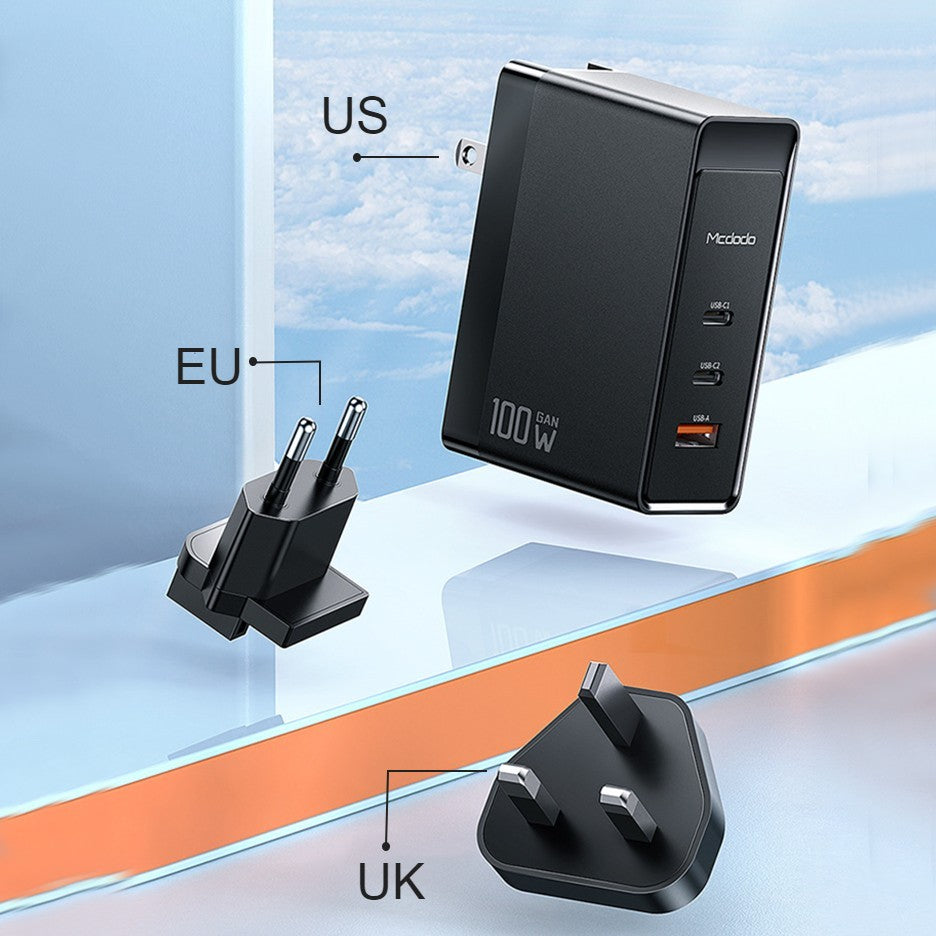 Avelena | 3-in-1 100W Wandladegerät, mit US/EU/UK-Steckdosen, 2 Type-C & 1 USB-Anschluss, für Laptop, Telefon, Tablet