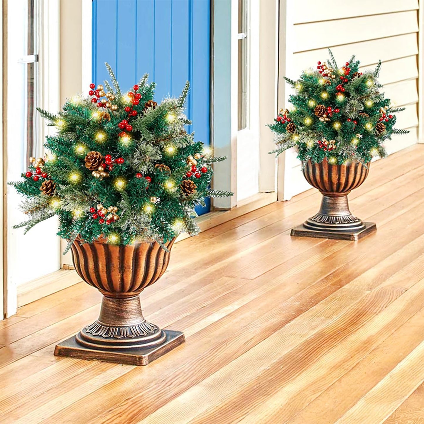Avelena | Weihnachtliche Urnen-Deko mit LED-Lichtern | Realistische Tannenzweige & Beeren | Innen- und Außenbereich