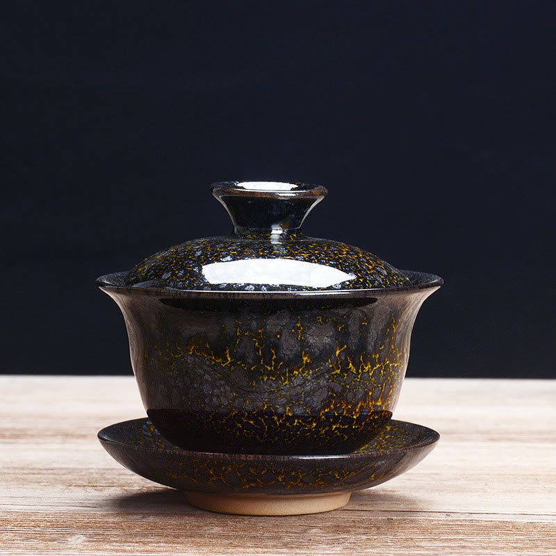 Avelena | Vintage Kiln Keramik Gaiwan Sancai Teetasse Teetasse und Untertasse mit Deckel