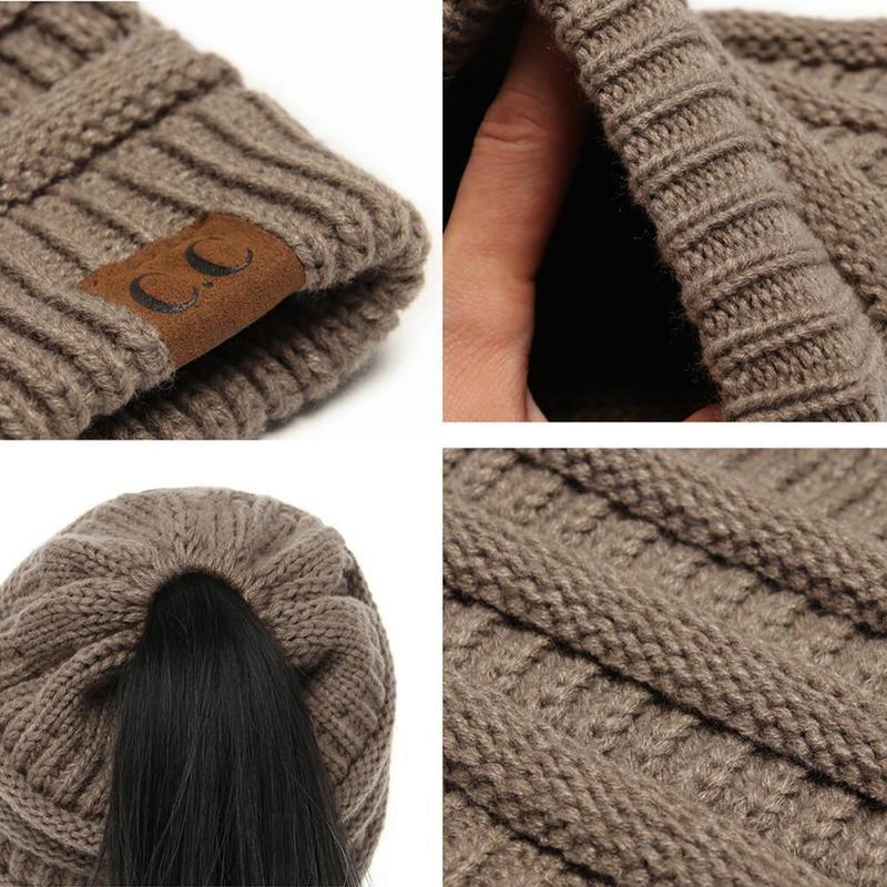 Avelena | Weiche Gestrickte Pferdeschwanz-Mütze Mit Zöpfen Loch