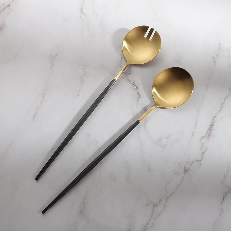 Avelena | Schwarze und goldene Salatbesteck- und Servierutensilien-Set