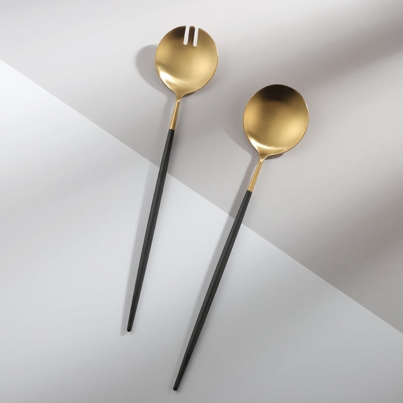 Avelena | Schwarze und goldene Salatbesteck- und Servierutensilien-Set