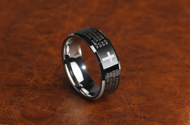 Avelena | Personality Herren Schwarz Wolframlegierung Ring mit Kreuz, kein Verblassen, kratzfest & mehrfach poliert