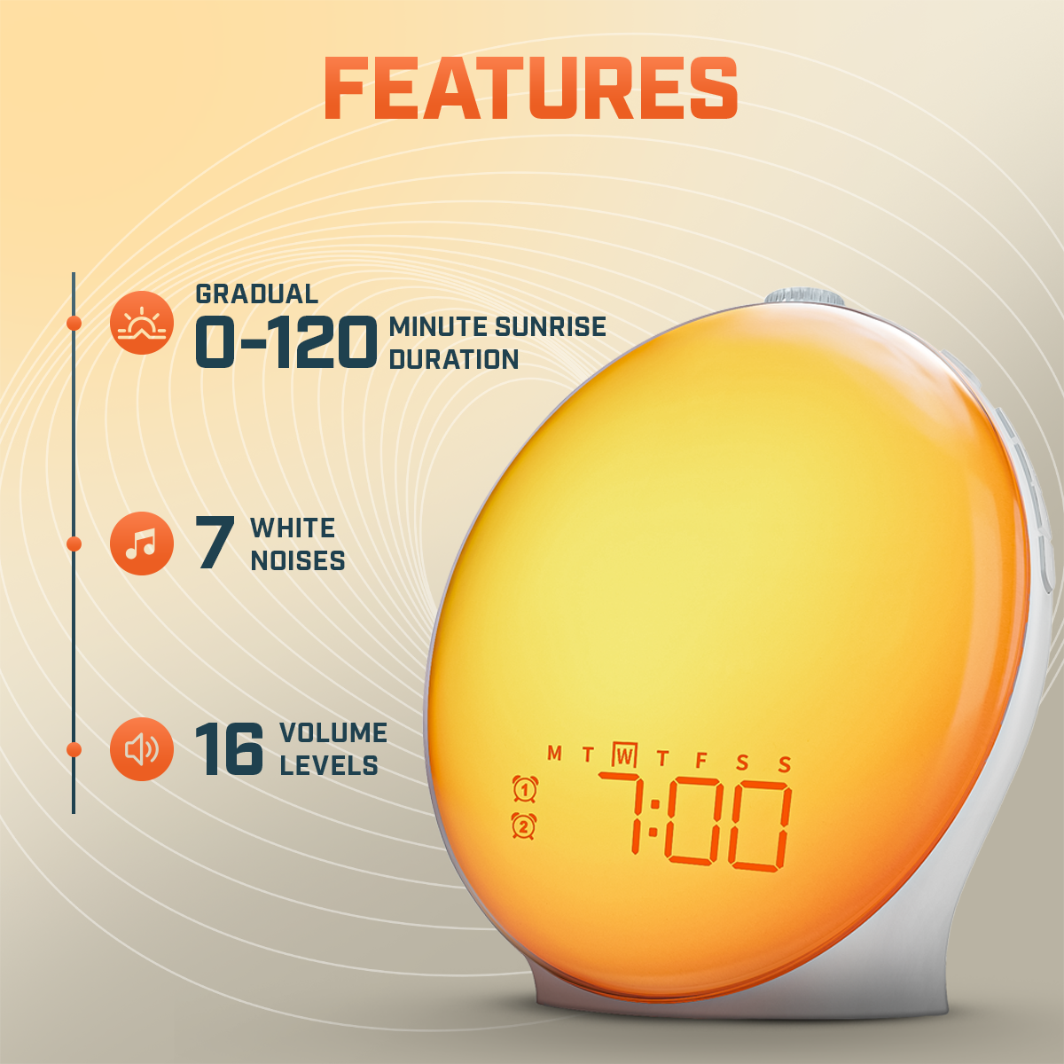 Avelena | Wake-Up Sun Lamp Clock | Gradual Sunrise Light & Customizable Sounds for Gentle Mornings