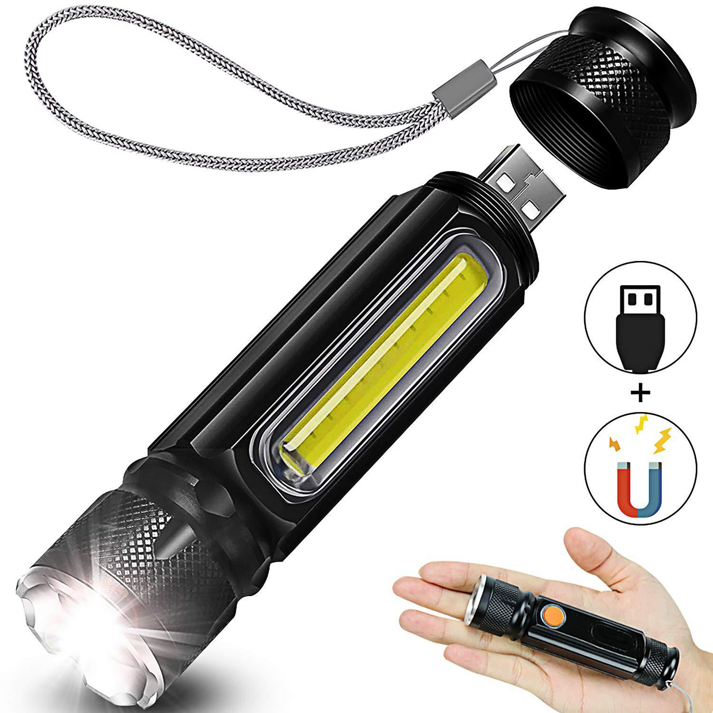 Avelena | USB Wiederaufladbare Magnetische Taschenlampe – LED Notfalllampe mit Magnet und Trageband