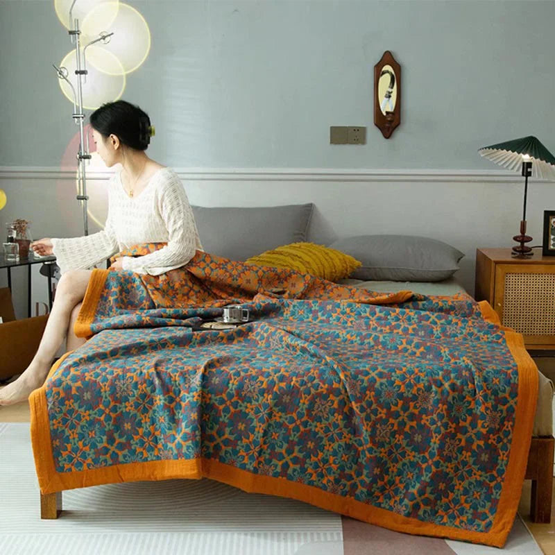 Avelena | Sechslagige Baumwolldecke mit Orange-Blauem Muster