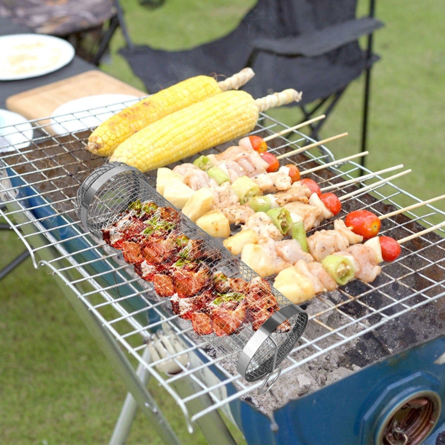Avelena | 2-teilig: Tragbarer BBQ Rollkorb Runder Edelstahlgrill