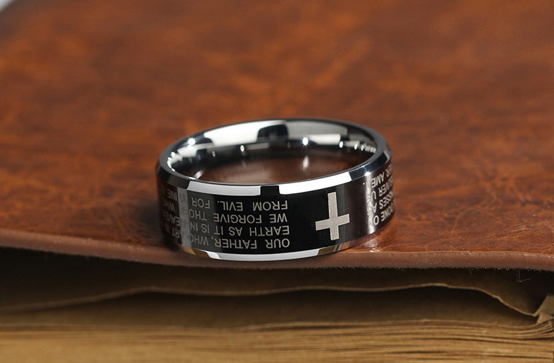 Avelena | Personality Herren Schwarz Wolframlegierung Ring mit Kreuz, kein Verblassen, kratzfest & mehrfach poliert