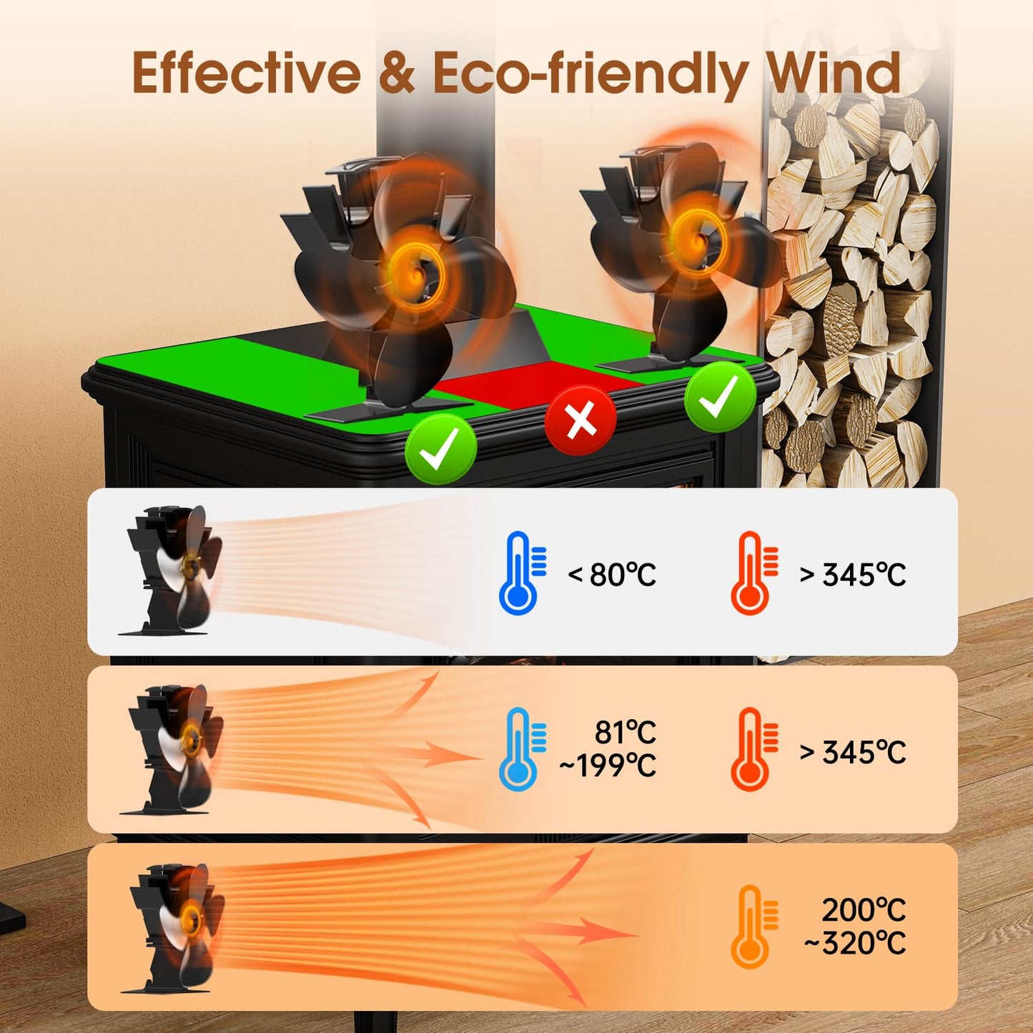 Avelena | 4-Blatt-Herd- und Kaminofenventilator für Holz/Kamin