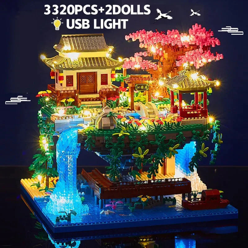 Avelena | 3320PCS Blöcke Baumhaus Diamant Gebäude Garten Architektur Wasserfall Licht DIY Ziegel Kirschblüte Spielzeug für Kinder Erwachsenen Geschenk