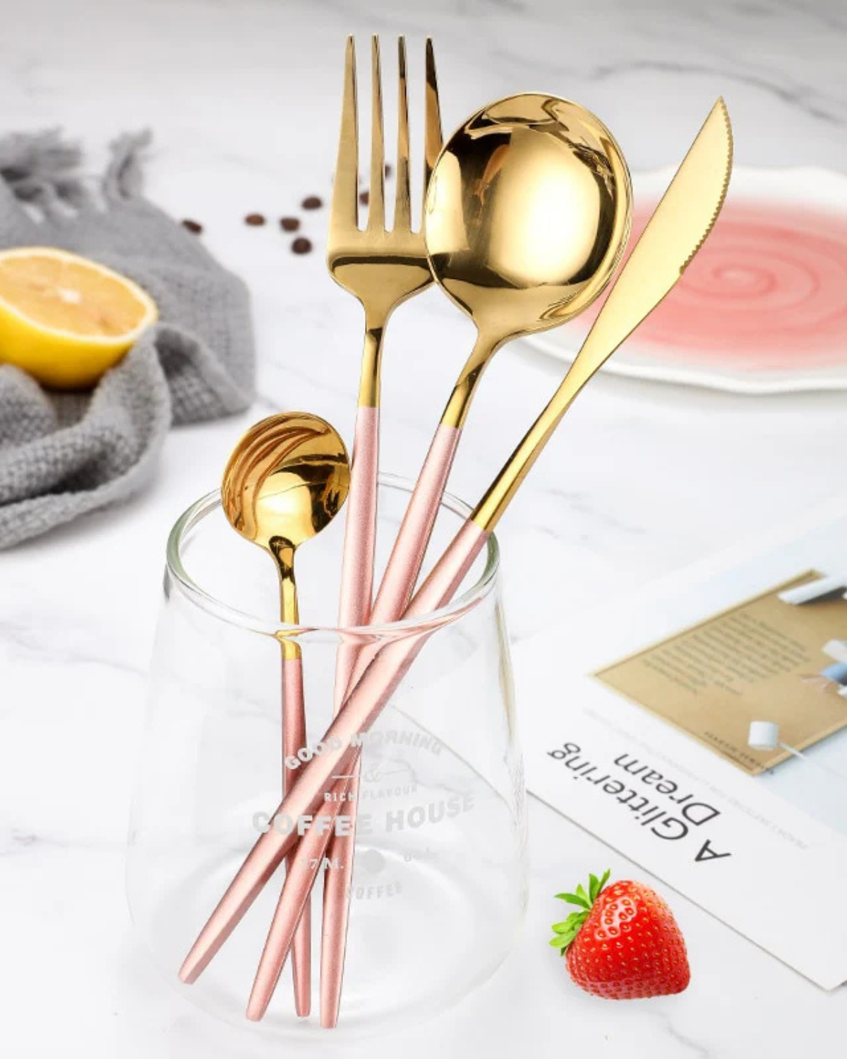 Avelena– Luxus Besteckset mit goldenen Akzenten & mattschwarzen Griffen