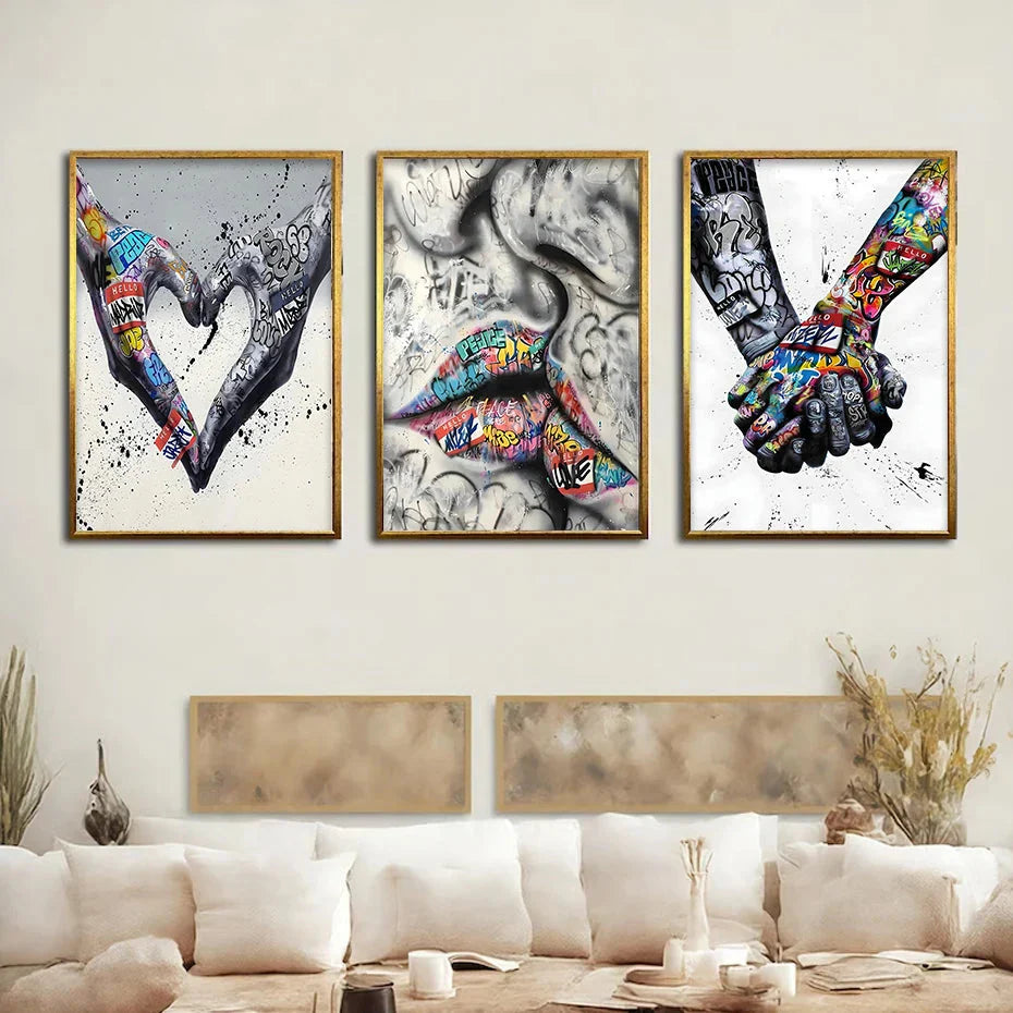 Avelena | 3PCS Moderne Liebe Hand in Hand Küss den Kuss Poster Graffiti Banksy Straßen Wandkunst Leinwandmalerei Drucke Bilder Raumdekoration