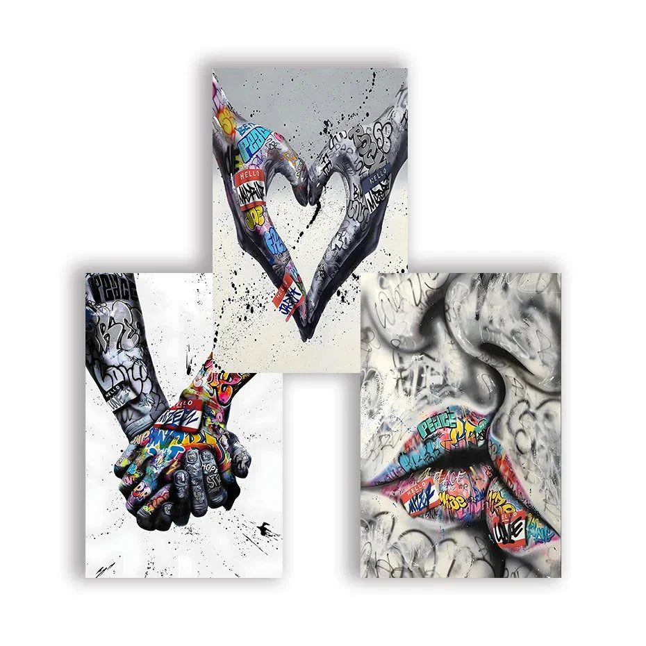 Avelena | 3PCS Moderne Liebe Hand in Hand Küss den Kuss Poster Graffiti Banksy Straßen Wandkunst Leinwandmalerei Drucke Bilder Raumdekoration