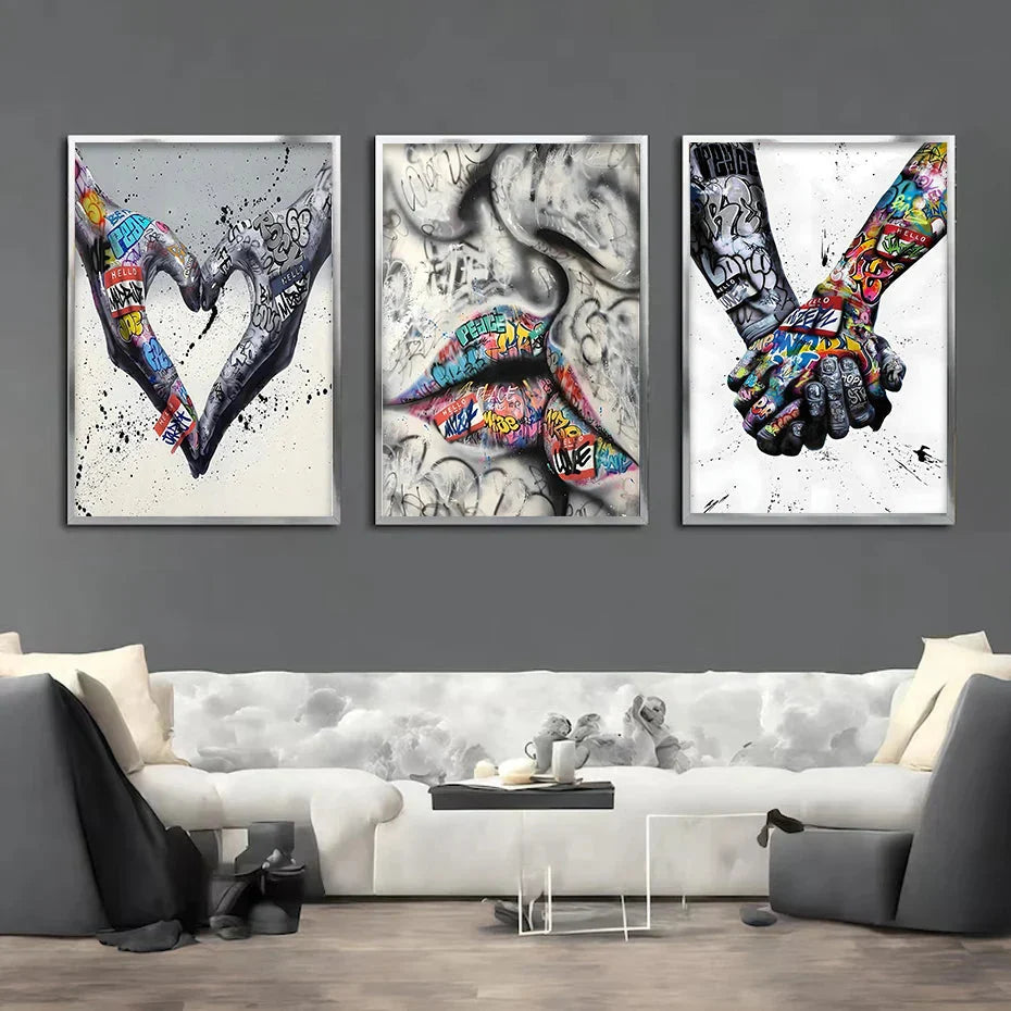 Avelena | 3PCS Moderne Liebe Hand in Hand Küss den Kuss Poster Graffiti Banksy Straßen Wandkunst Leinwandmalerei Drucke Bilder Raumdekoration