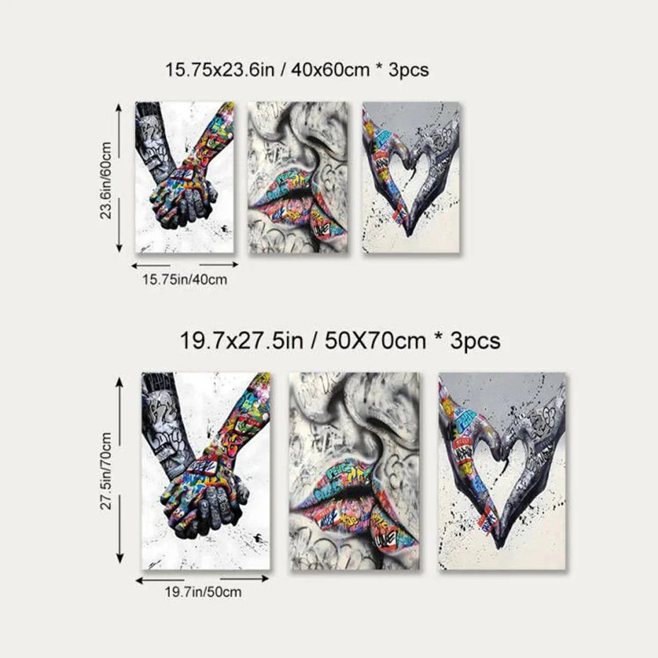 Avelena | 3PCS Moderne Liebe Hand in Hand Küss den Kuss Poster Graffiti Banksy Straßen Wandkunst Leinwandmalerei Drucke Bilder Raumdekoration