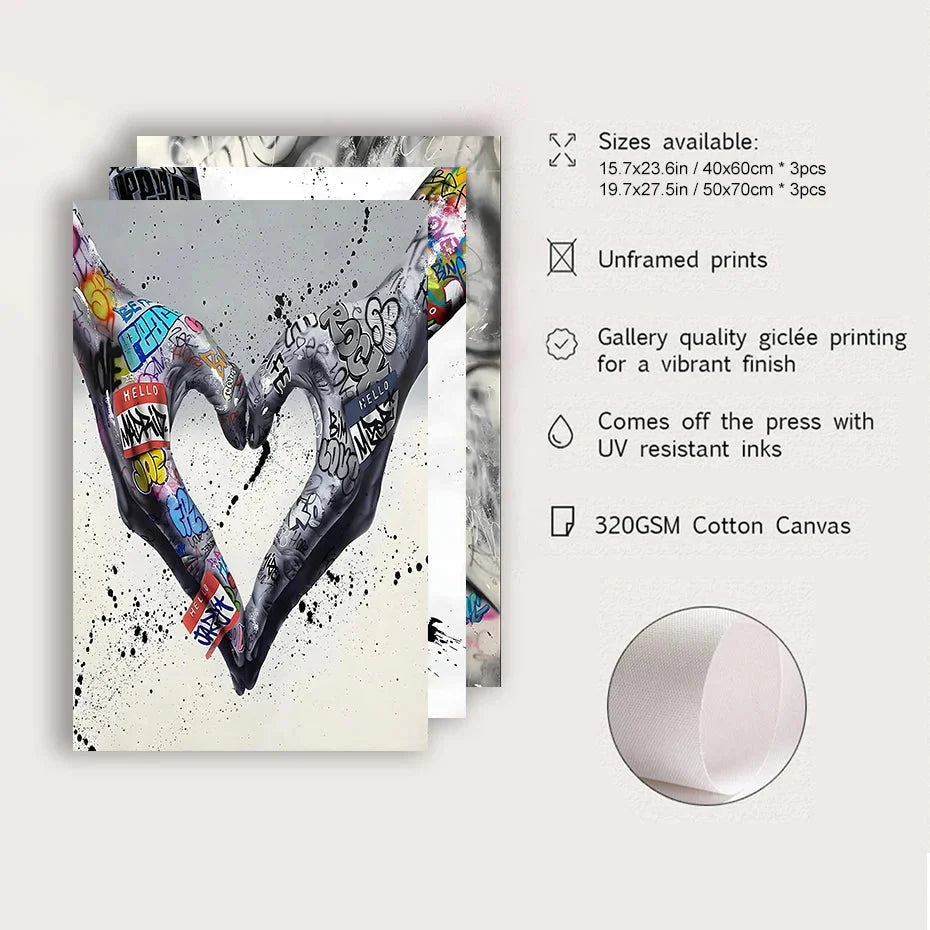 Avelena | 3PCS Moderne Liebe Hand in Hand Küss den Kuss Poster Graffiti Banksy Straßen Wandkunst Leinwandmalerei Drucke Bilder Raumdekoration