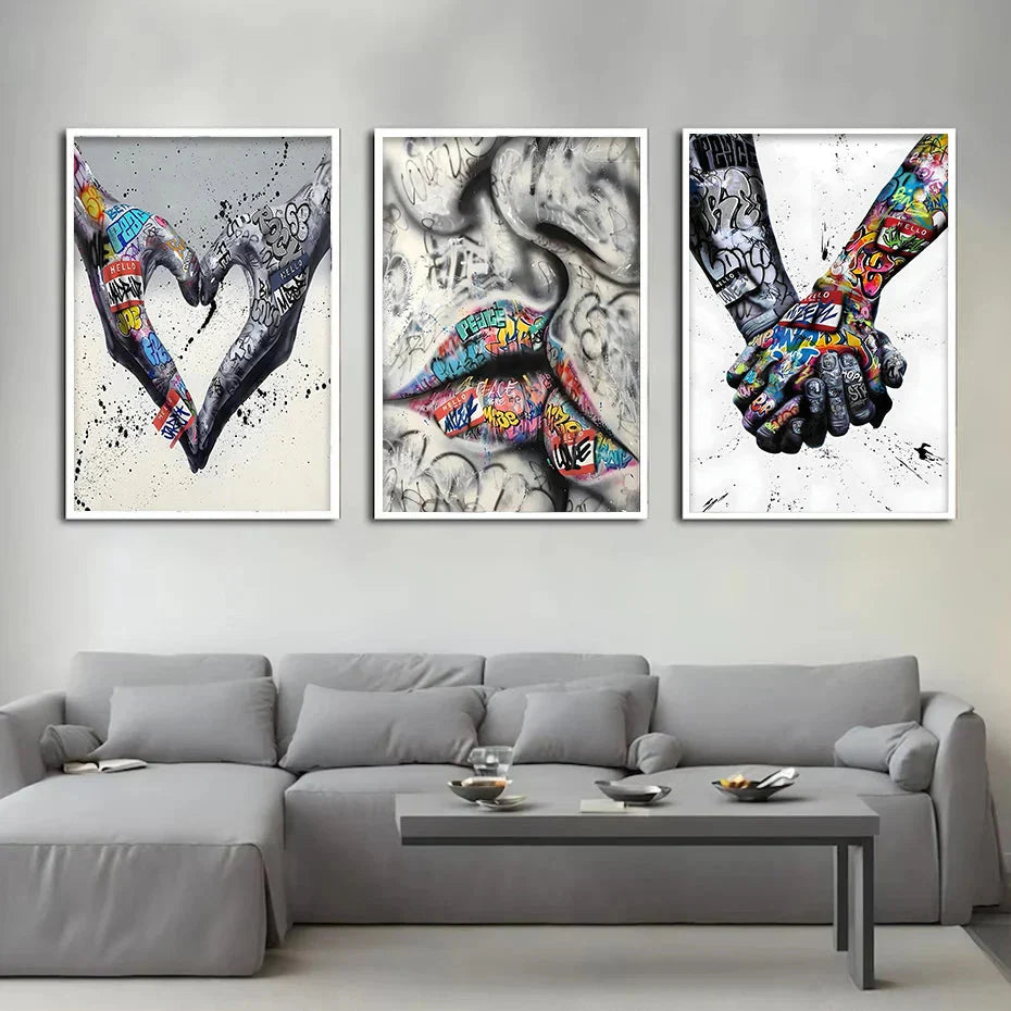 Avelena | 3PCS Moderne Liebe Hand in Hand Küss den Kuss Poster Graffiti Banksy Straßen Wandkunst Leinwandmalerei Drucke Bilder Raumdekoration