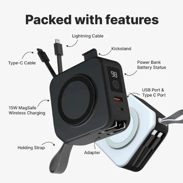 Avelena | TravelBank | Tragbares 5-in-1 Wandladegerät | Drahtloses Laden, Powerbank & Multi-Geräte-Laden