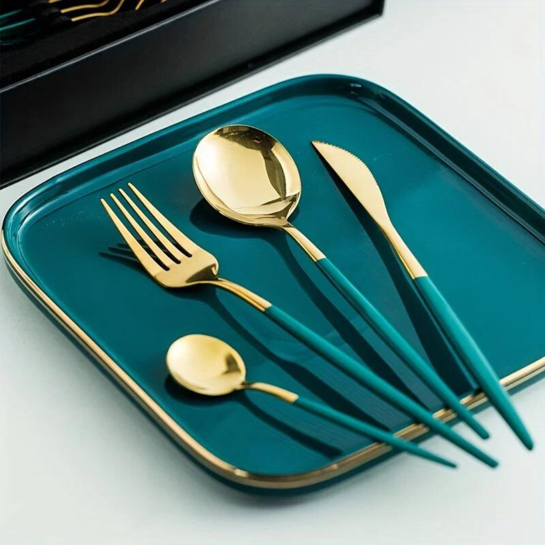 Avelena | Luxuriöses Besteckset – 24-teilig – goldfarbener Edelstahl – Messer, Gabel, Löffel – Küchenzubehör