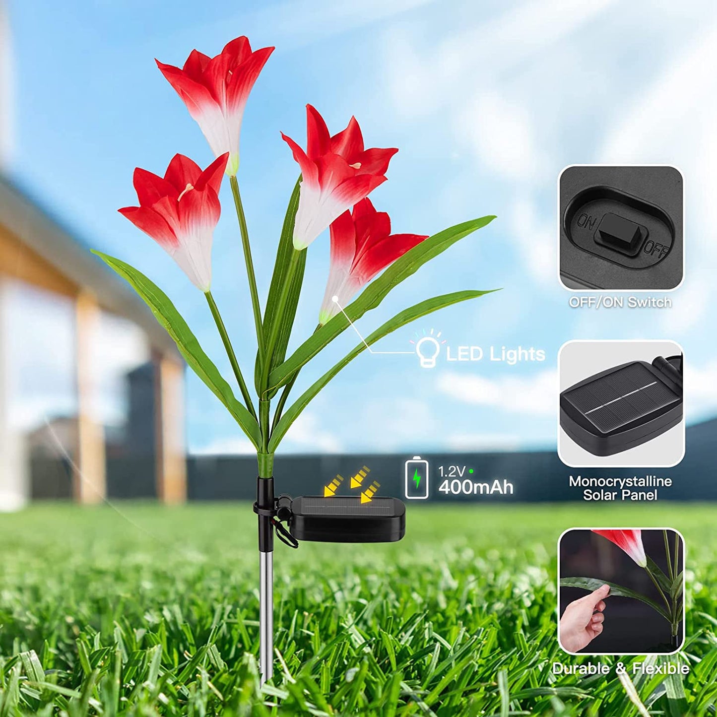 Avelena | 4er-Pack: Solar-Gartenlichter mit Farbwechsel und 16 größeren Lilienblumen