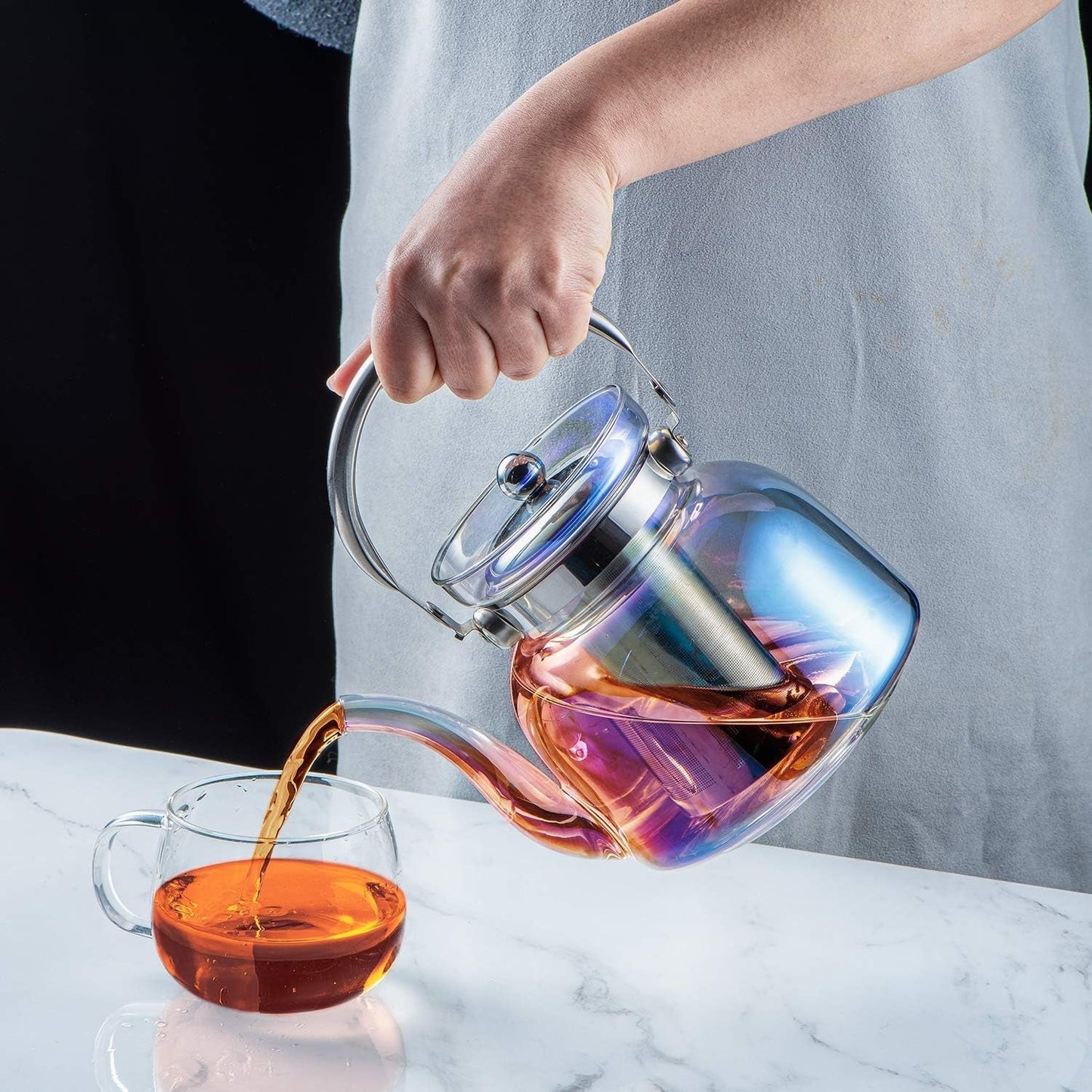 Avelena | 50 Oz(1500Ml) Glas Teekanne mit Deckel, abnehmbarer Edelstahl-Teesieb und Griff, herdgeeigneter Teebereiter für blühenden und losen Tee (irideszent)