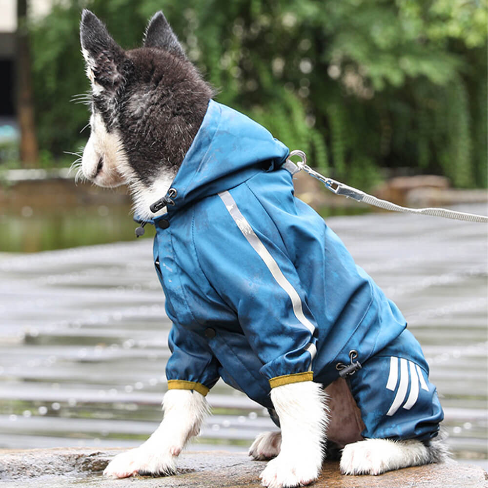 Avelena | Stylische wasserdichte verstellbare reflektierende Streifen Hunderegenjacke mit Kapuze