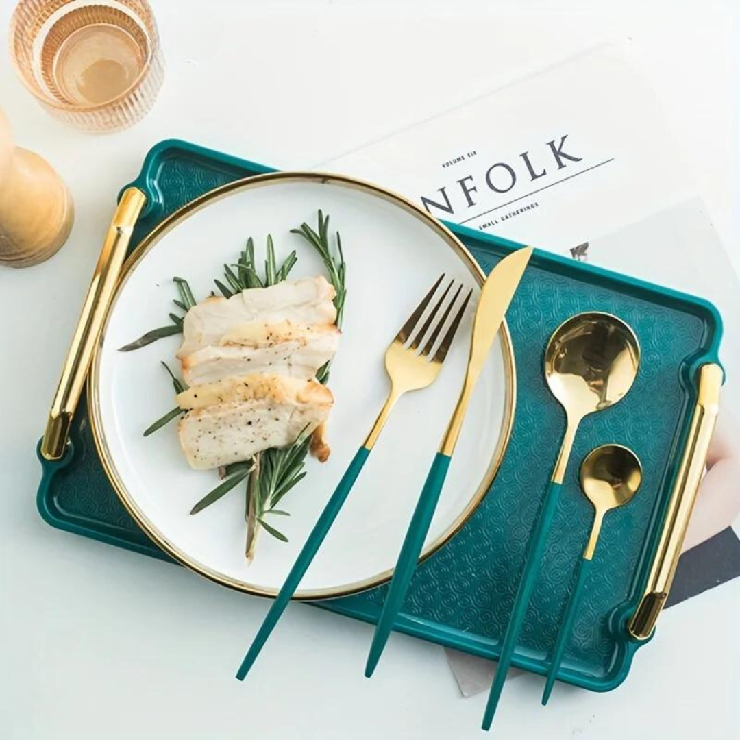 Avelena | Luxuriöses Besteckset – 24-teilig – goldfarbener Edelstahl – Messer, Gabel, Löffel – Küchenzubehör