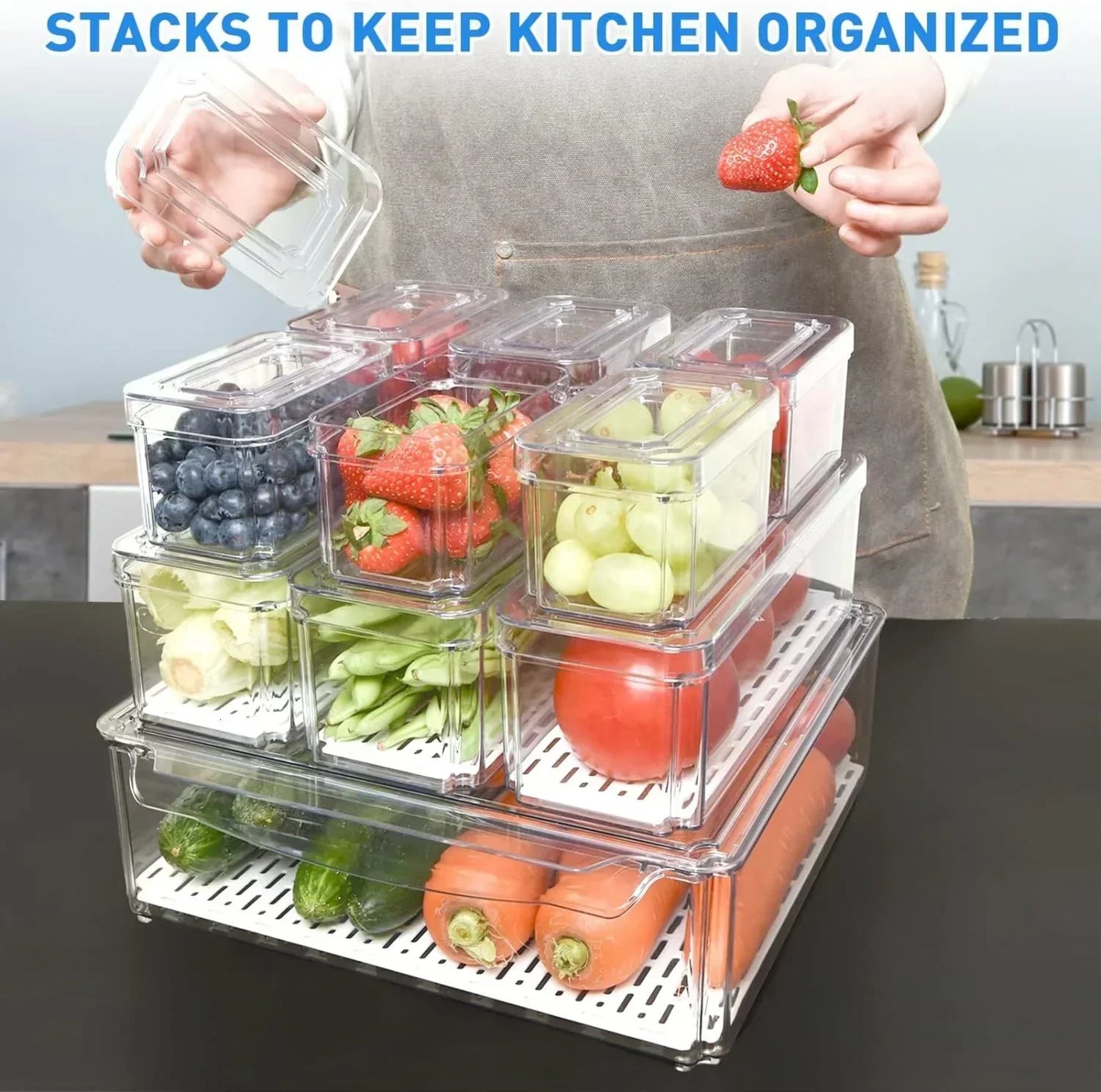 Avelena | Stapelbares Kühlschrank-Organizer-Set – 10 klare Aufbewahrungsboxen für Frische & Küchene Ordnung