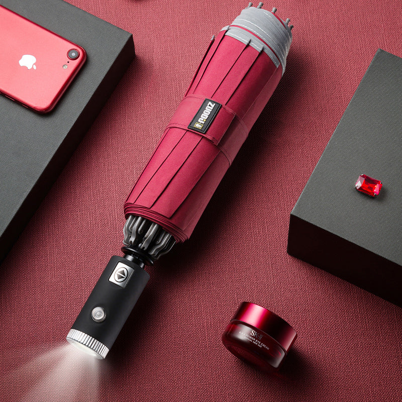 Avelena | Winddichter umkehrbarer Faltregenschirm mit LED, automatischem Öffnen/Schließen, sicherem reflektierendem Band und robusten 10 Rippen