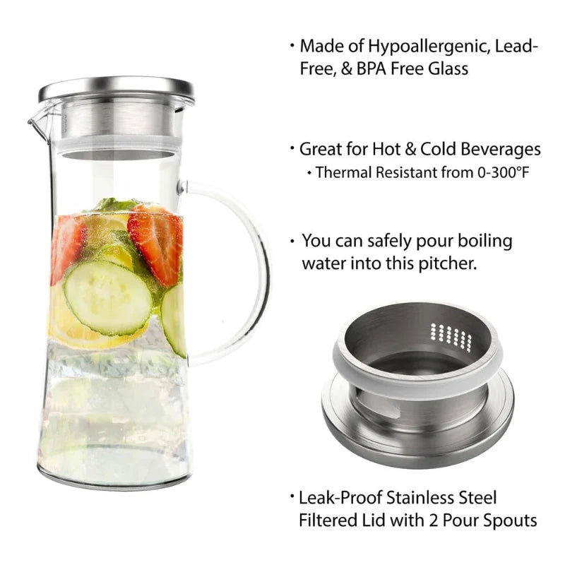 Avelena | 50oz hitzebeständiger Glaskrug mit Edelstahlfilter Auslaufdeckel