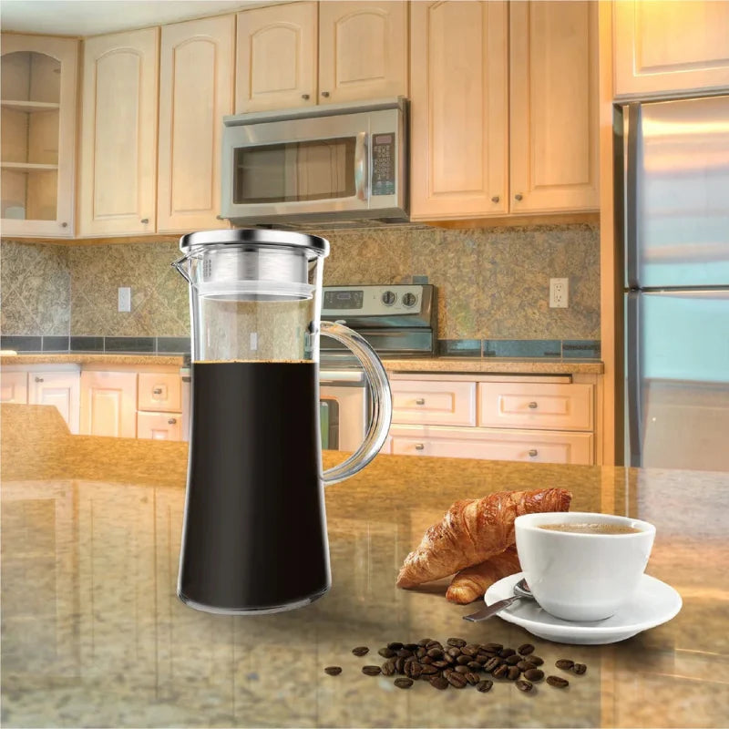 Avelena | 50oz hitzebeständiger Glaskrug mit Edelstahlfilter Auslaufdeckel