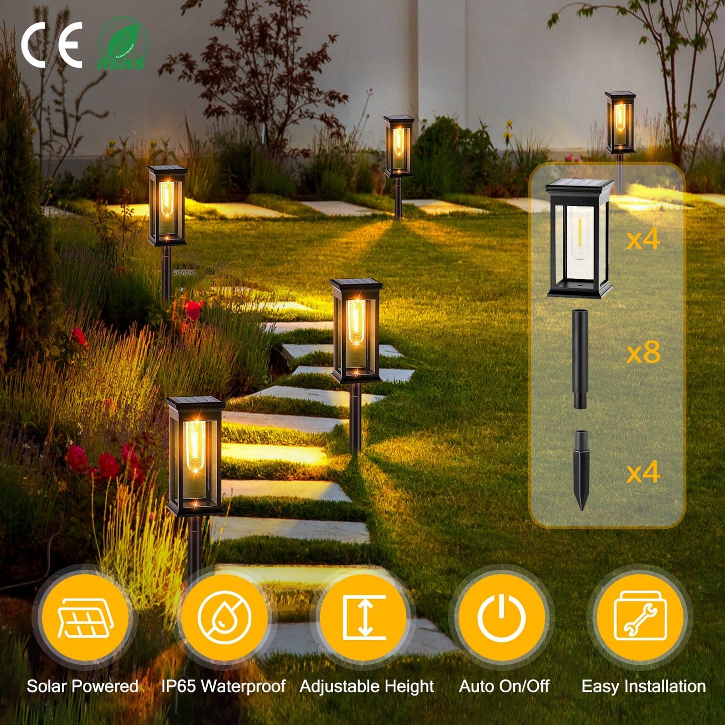 Avelena | 6-Pack: Solarbetriebene Gartenbeleuchtung IP65 Wasserdicht Auto Ein Aus