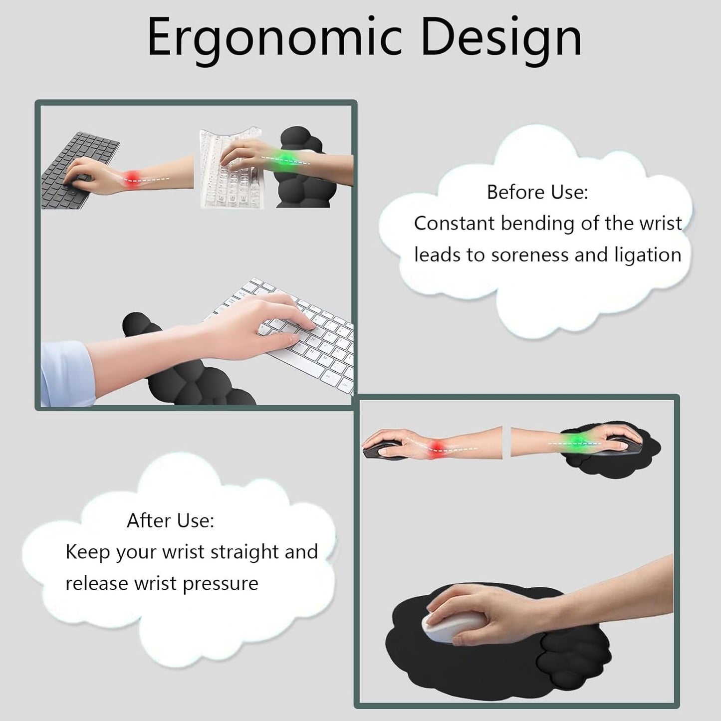 Avelena | Wolkenförmige ergonomische Handgelenkstütze Set mit Mauspad & Untersetzer – Zeyora