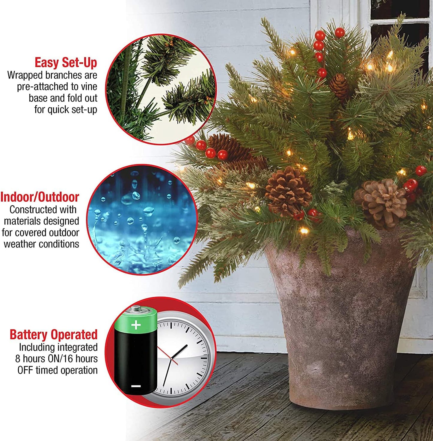 Avelena | Weihnachtliche Urnen-Deko mit LED-Lichtern | Realistische Tannenzweige & Beeren | Innen- und Außenbereich