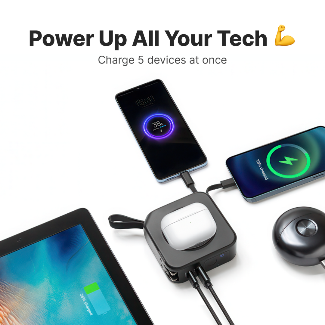Avelena | TravelBank | Tragbares 5-in-1 Wandladegerät | Drahtloses Laden, Powerbank & Multi-Geräte-Laden