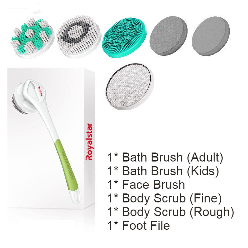 Avelena | All-in-One wiederaufladbares Körperbürsten-Set, mit 7 austauschbaren Köpfen & langem Griff für Körper, Gesicht, Fuß, Erwachsene & Kinder