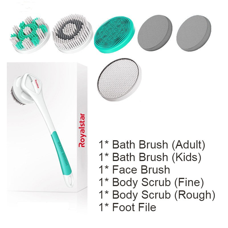 Avelena | All-in-One wiederaufladbares Körperbürsten-Set, mit 7 austauschbaren Köpfen & langem Griff für Körper, Gesicht, Fuß, Erwachsene & Kinder
