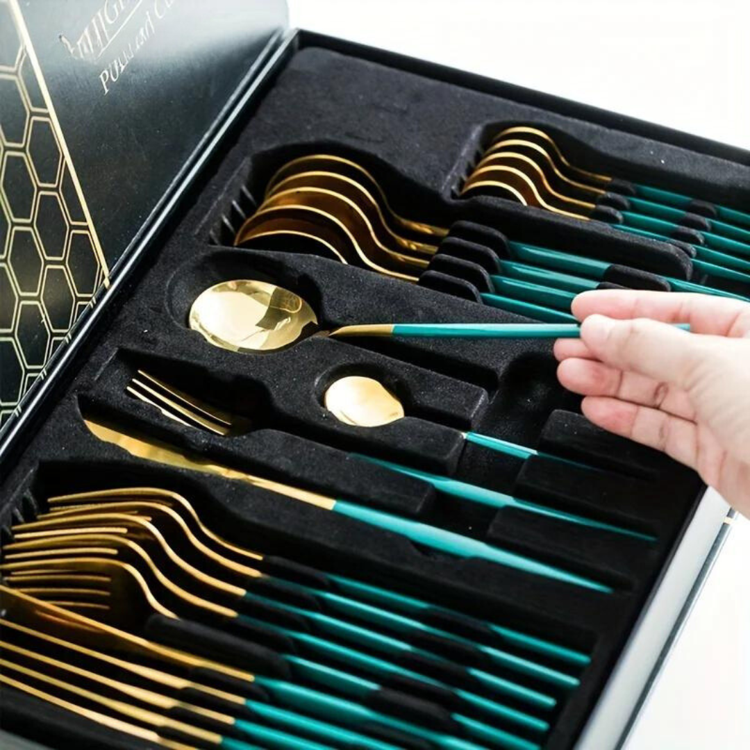 Avelena | Luxuriöses Besteckset – 24-teilig – goldfarbener Edelstahl – Messer, Gabel, Löffel – Küchenzubehör