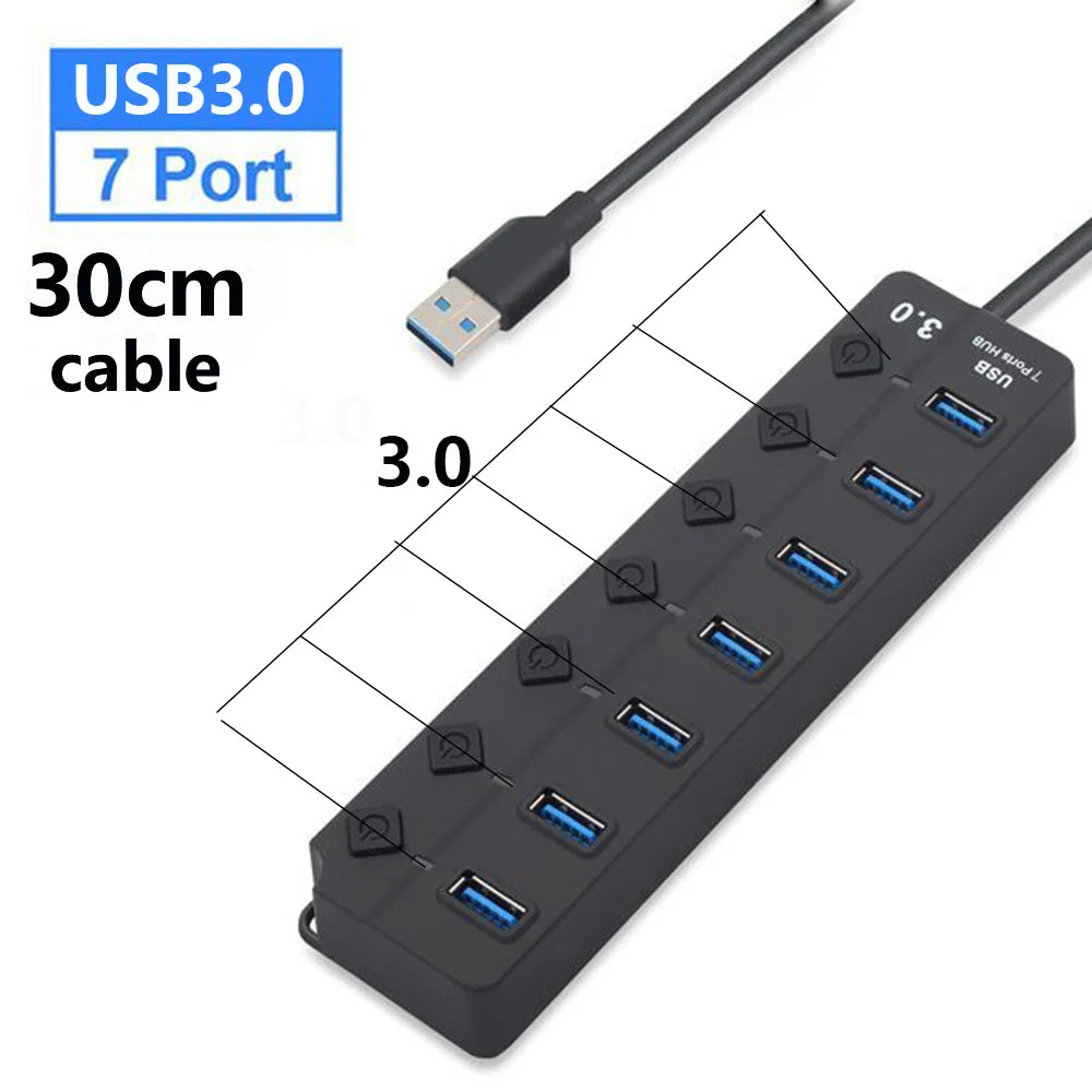 Avelena | 7-Port USB 3.0 Hub mit Netzschalter – PortMaster (1+1 KOSTENLOS)