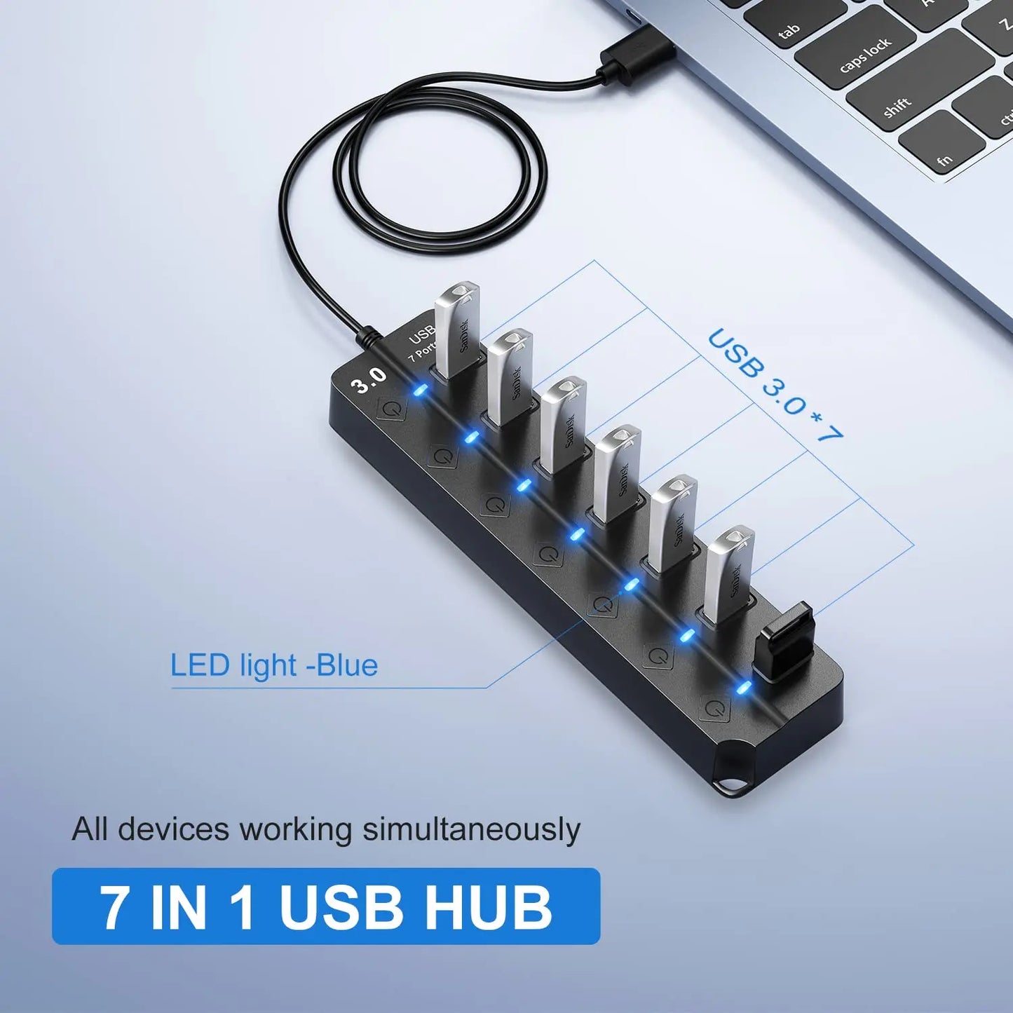 Avelena | 7-Port USB 3.0 Hub mit Netzschalter – PortMaster (1+1 KOSTENLOS)