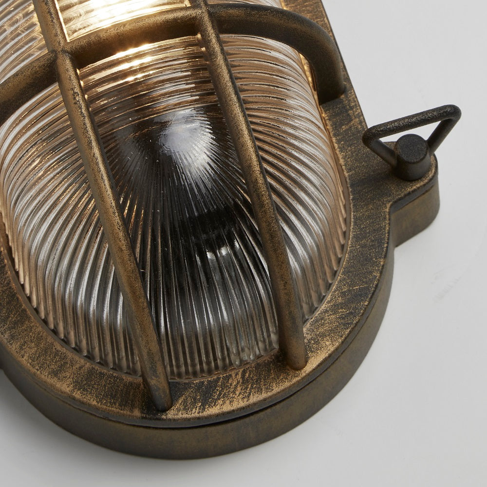 Avelena | Antikes Messing & geripptes Glas Außen Vintage Oval Flächenleuchten Wandlampe 248mm