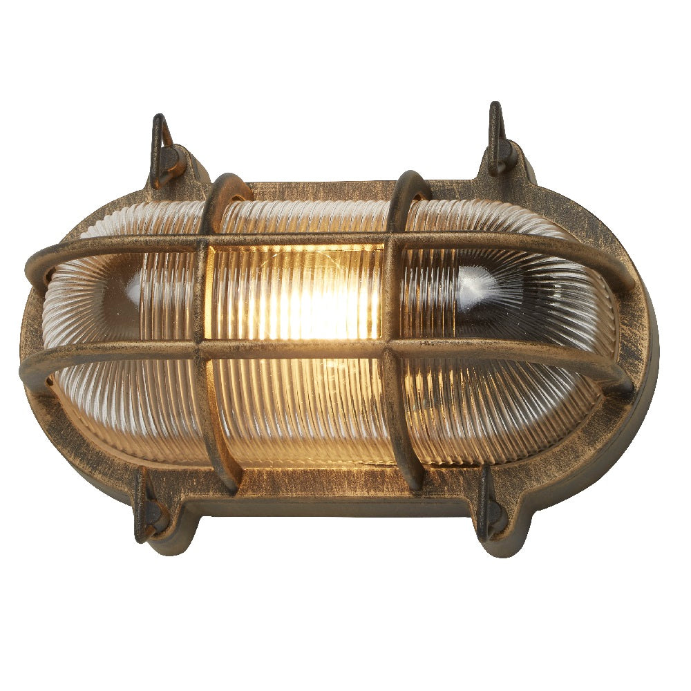 Avelena | Antikes Messing & geripptes Glas Außen Vintage Oval Flächenleuchten Wandlampe 248mm