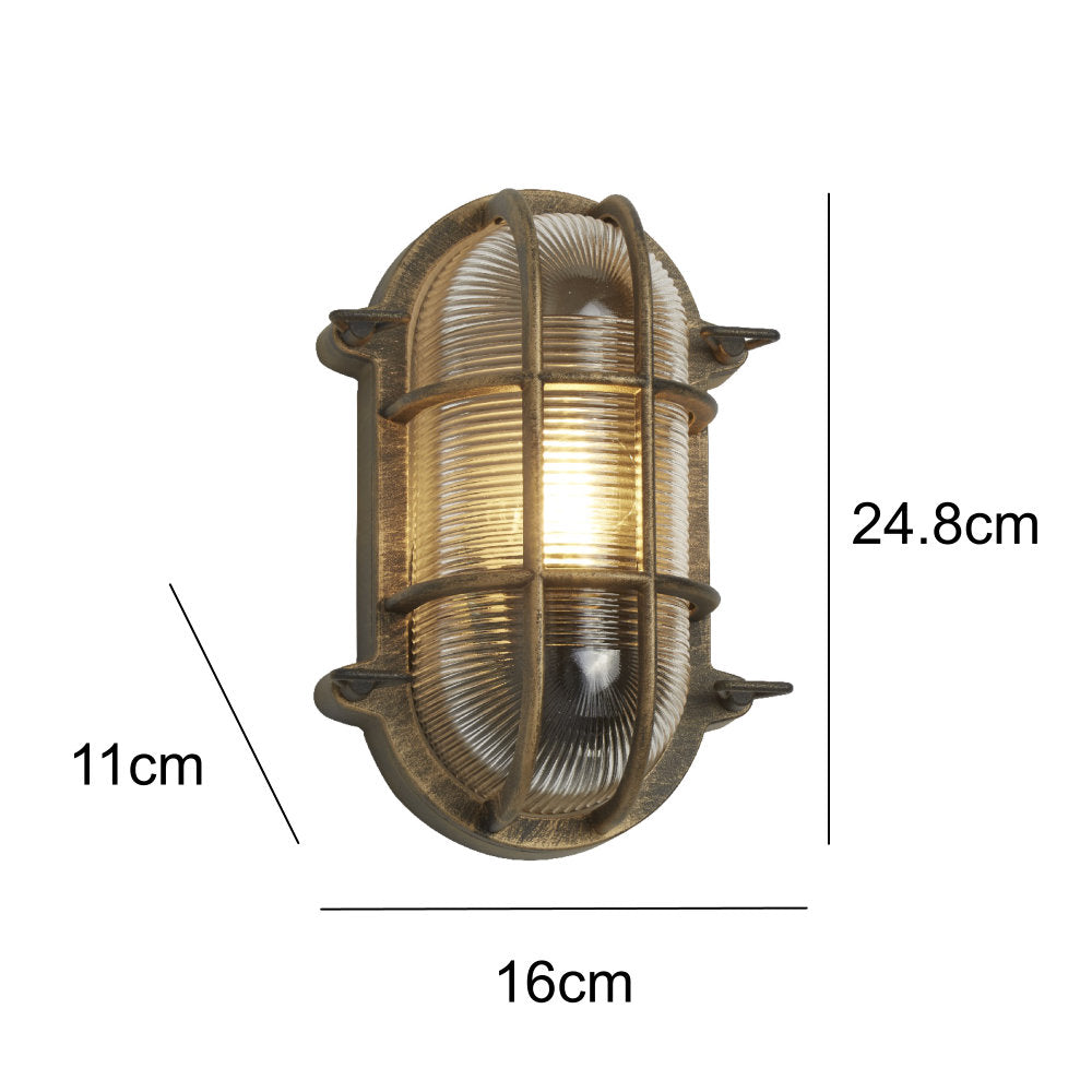 Avelena | Antikes Messing & geripptes Glas Außen Vintage Oval Flächenleuchten Wandlampe 248mm