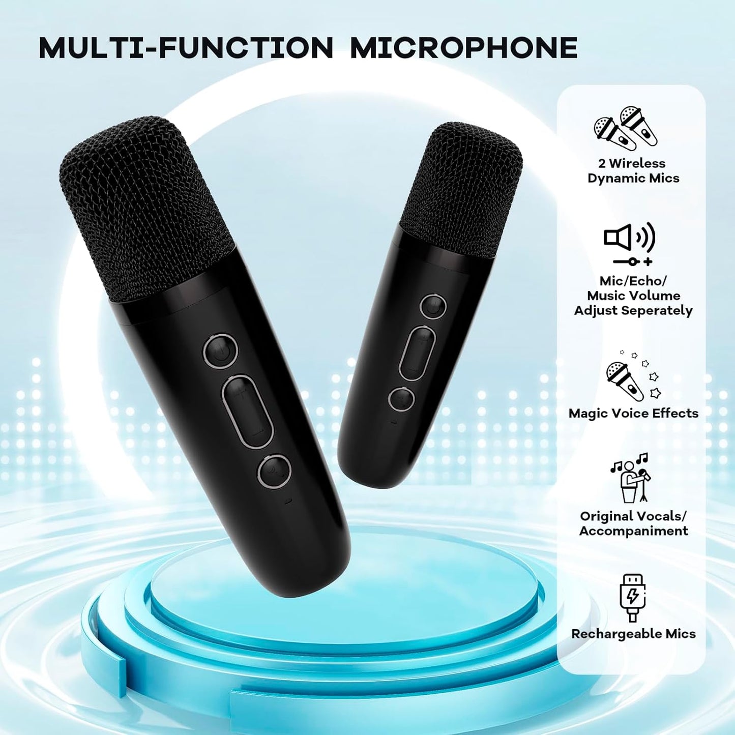 Avelena | Tragbare Mini Karaoke Maschine mit Bluetooth Lautsprecher & 2 Wireless Mikros – Veylo