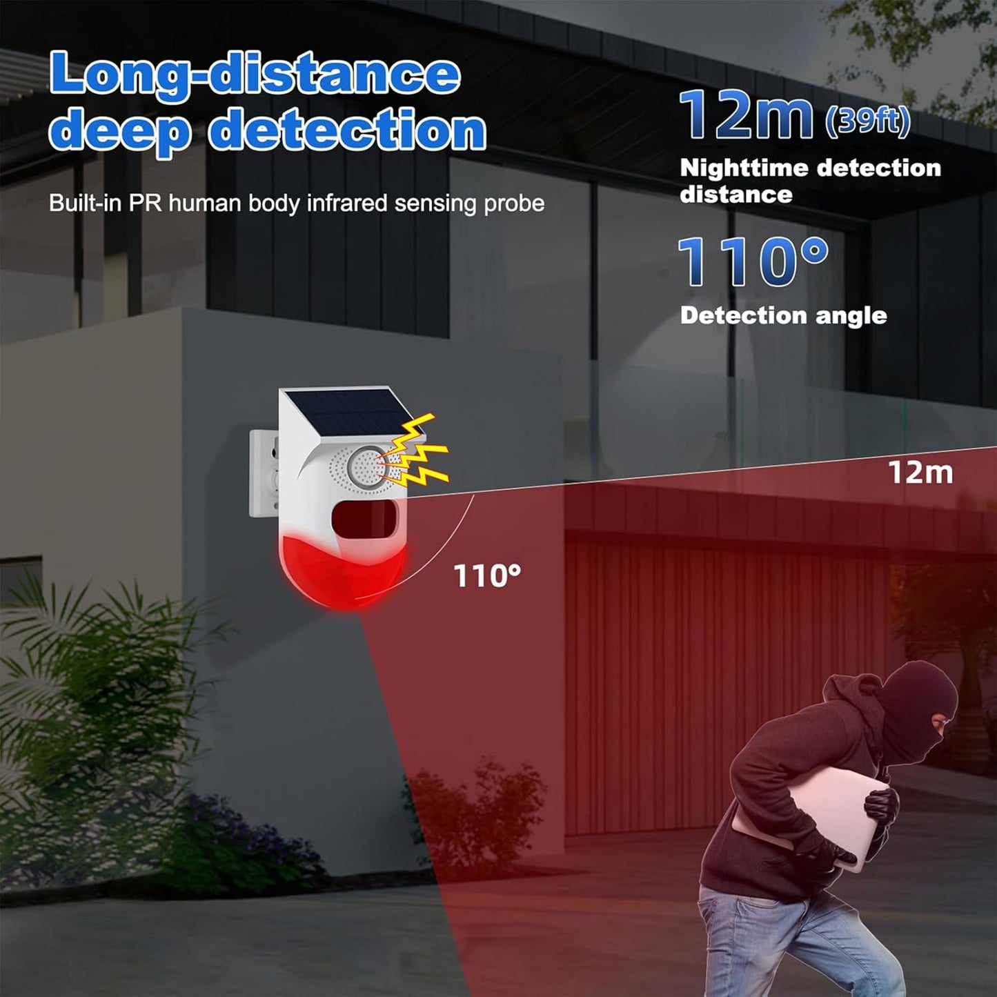Avelena | Solar Motion Sensor Alarm mit 120dB Sirene und LED-Stroboskop – Feronix