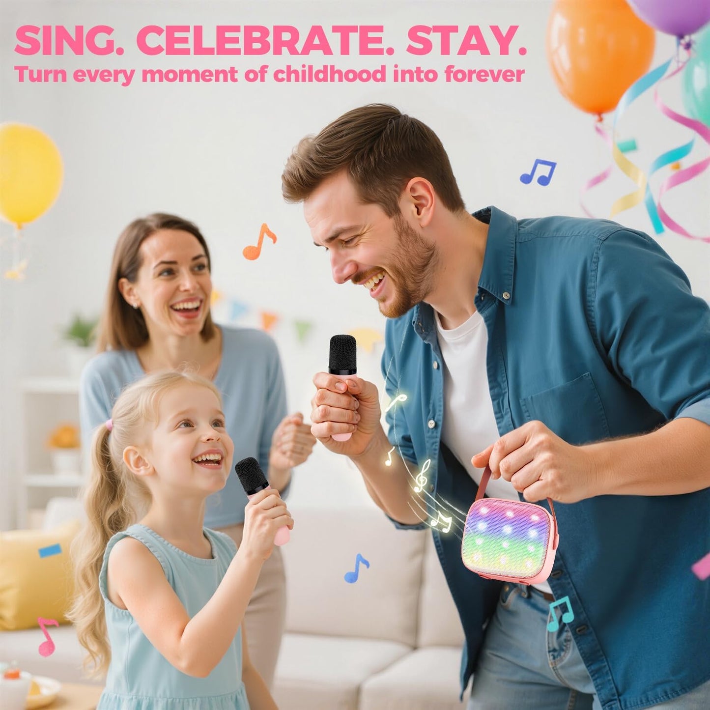 Avelena | Tragbare Mini Karaoke Maschine mit Bluetooth Lautsprecher & 2 Wireless Mikros – Veylo