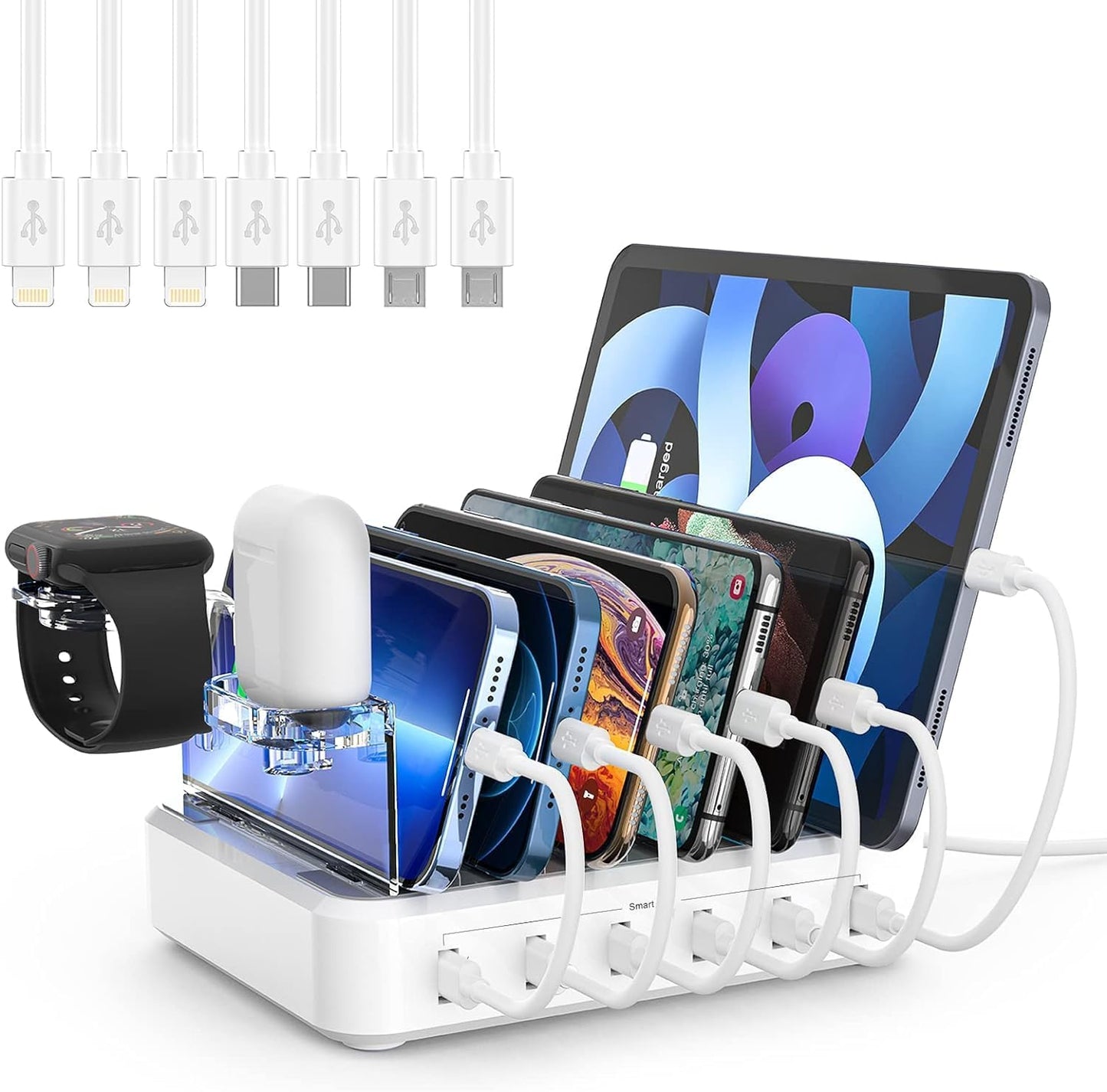 Avelena | 6-Port Mehrgerät-Schnellladegerät Organizer mit Smart IC & Kabelset