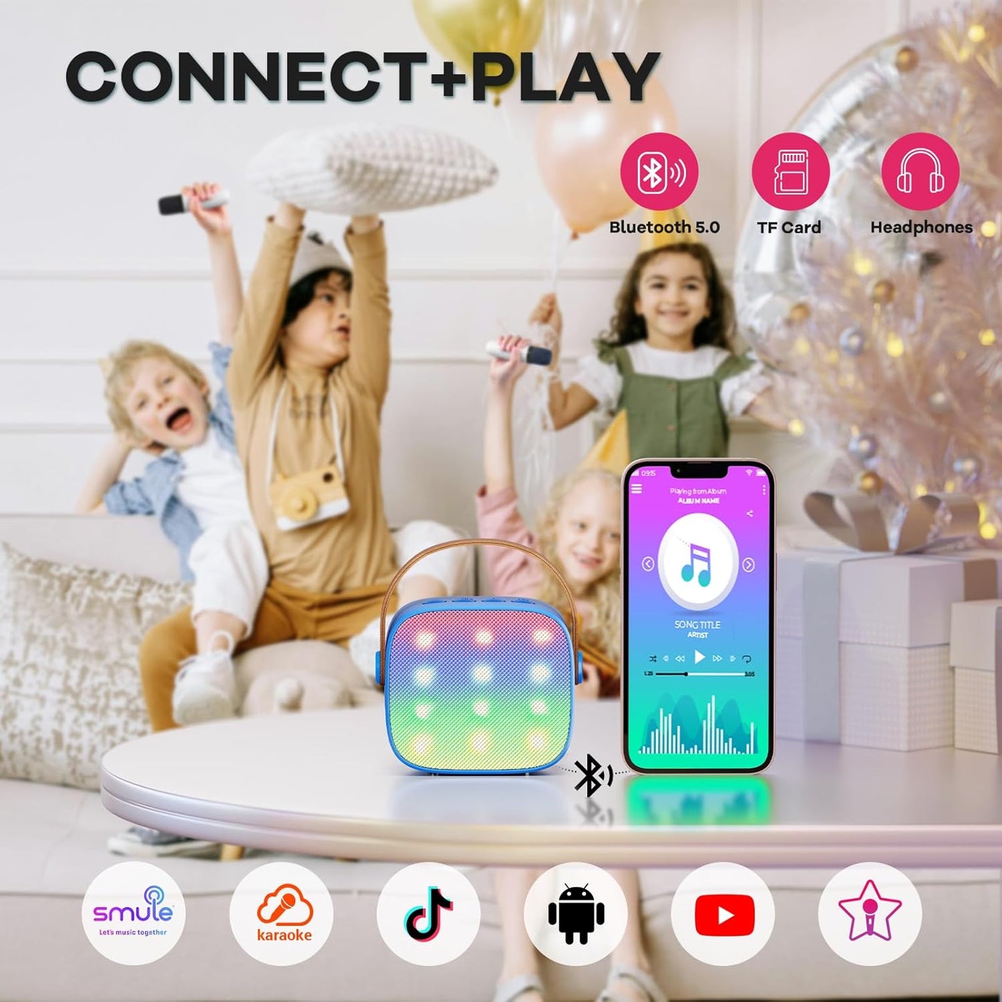 Avelena | Tragbare Mini Karaoke Maschine mit Bluetooth Lautsprecher & 2 Wireless Mikros – Veylo
